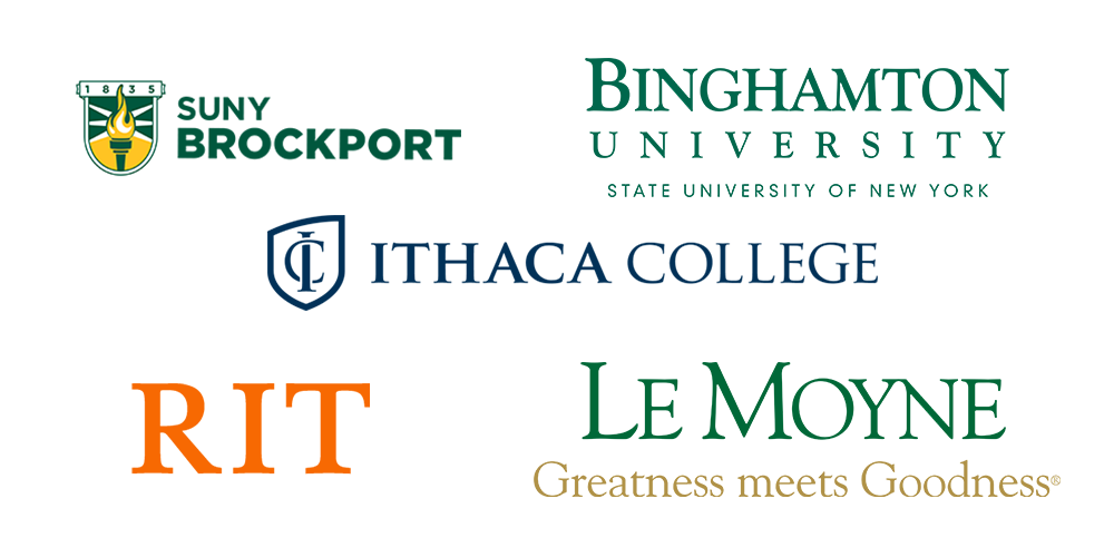 Logos of SUYNy Brockport, Binghamton, Ithaca College, RIT and LeMoyne
