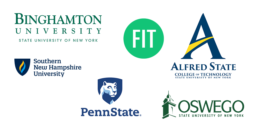 Logos of binhamton unviersity, SNHU, Penn State, FIT, Alfred State, and SUNY Oswego.