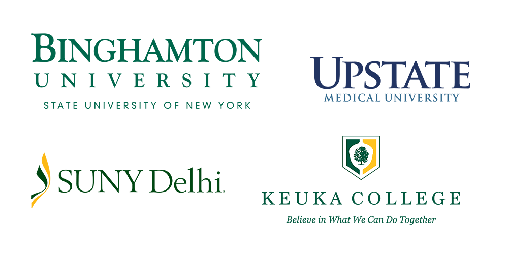 Binghamton, SUNY Delhi, Upstate Medical University, Keuka College logos.